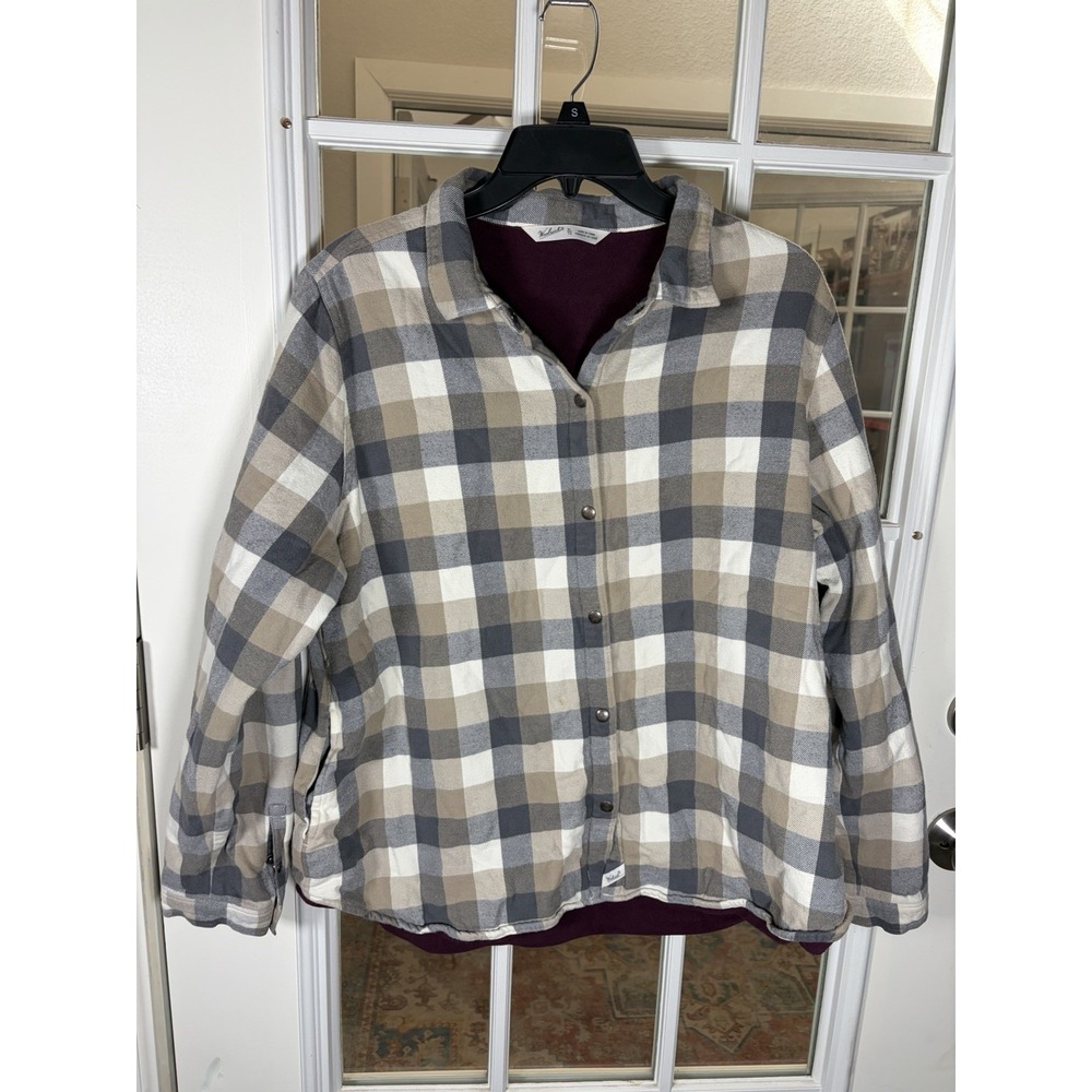 Woolrich Women's XL Plaid Flannel Shirt Jacket Shacket Fleece Lined Snap Front
